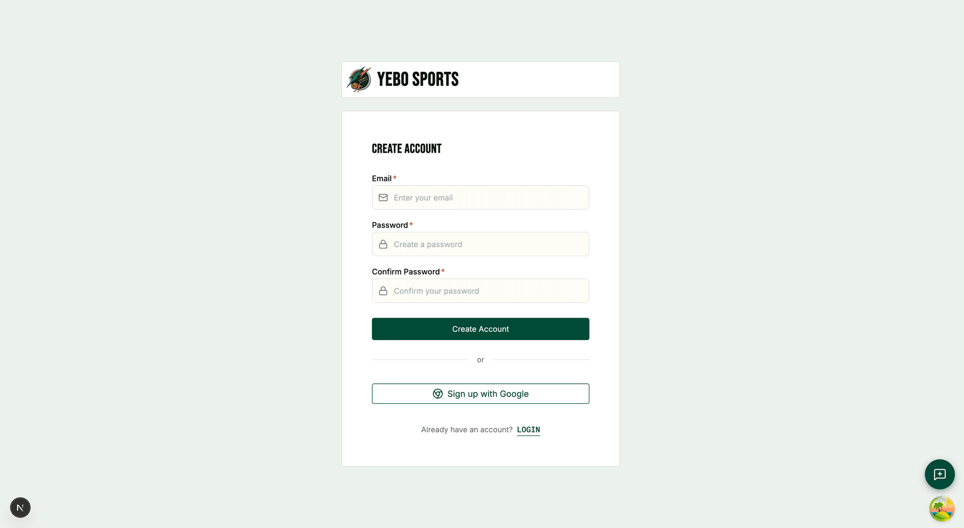 Yebo Sports registration page